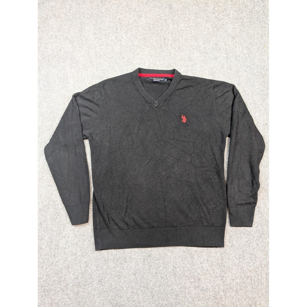U.S. Polo Assn Sweater Mens Medium Black V Neck Red Pony Embroidered Pullover